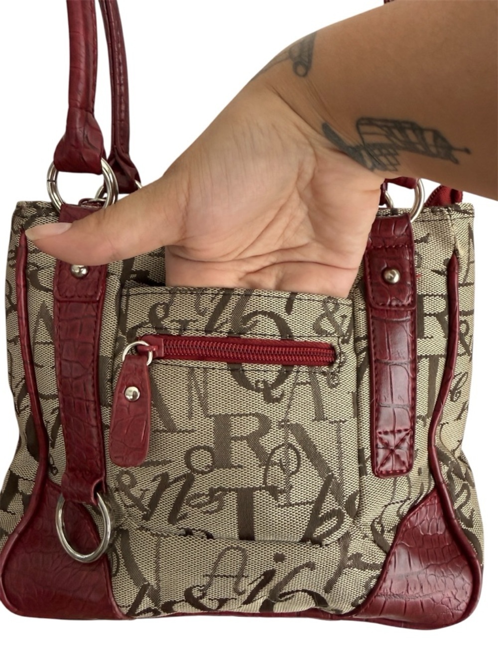 Y2K Script Print Shoulder Bag Red Croc Trim Tote Purse Vintage - Picture 3 of 11